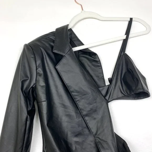 NWT Ronny Kobo X REVOLVE Sabrina Cut Out Blazer Mini Dress Leather Black - Picture 8 of 12